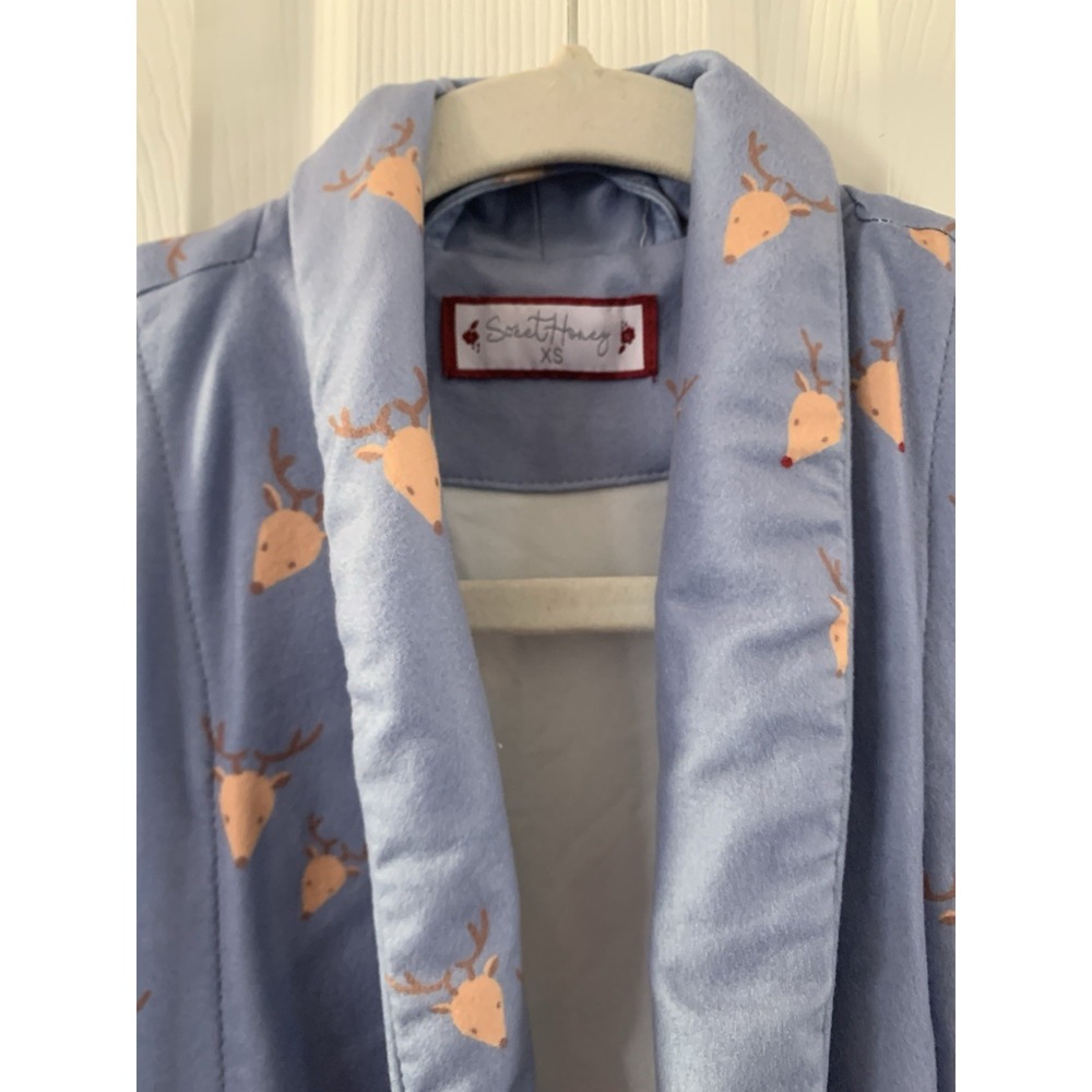 Sweethoney Classic Lounge Pajama Robe Blue Rudolph Reindeer Christmas Xs